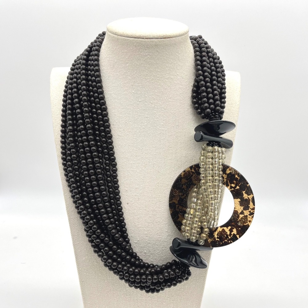 Angela Caputi Black Multi Strand Resin Bead Tortoise Statement Necklace 24"
